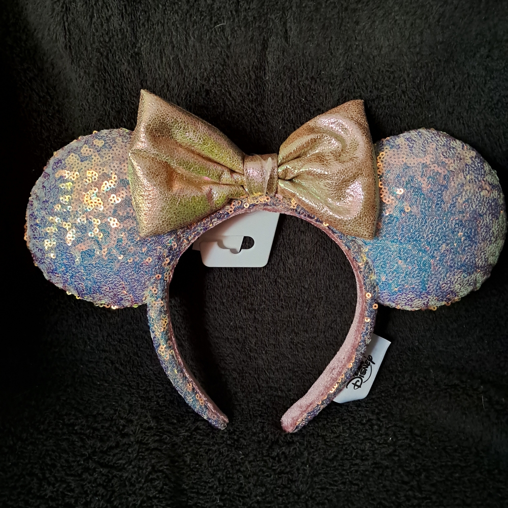 Pink Iridescent Sequin 50th Anniversary Ears Headband with Bow